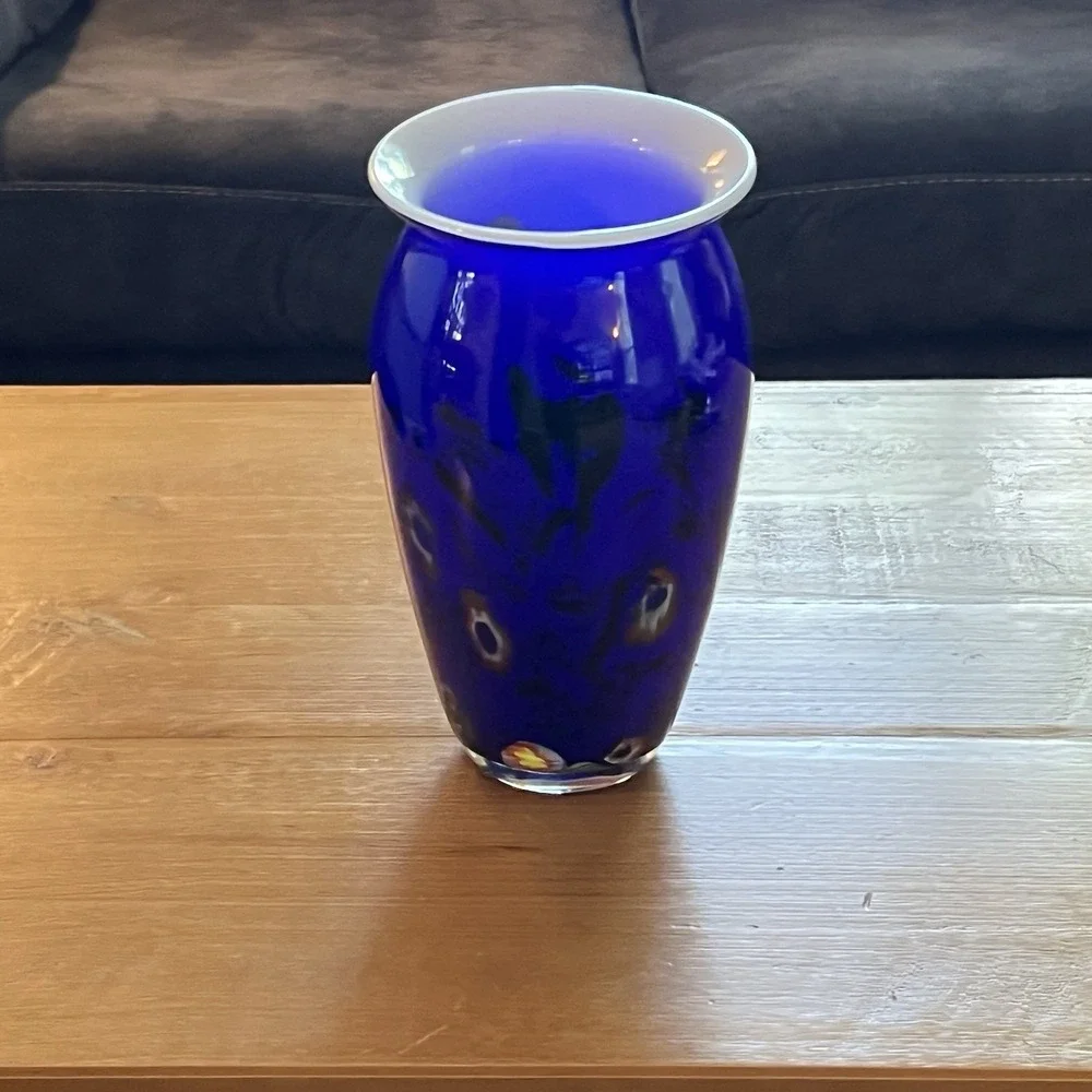 Cobalt Blue Art Glass Vase Floral Millefiori Murano Style White Rim 11